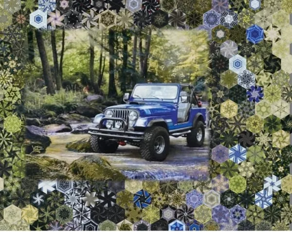 Stoffpaket: 7 Panels "Jeep in the Wild - Blue" von Riley Blake Lisc Collections
