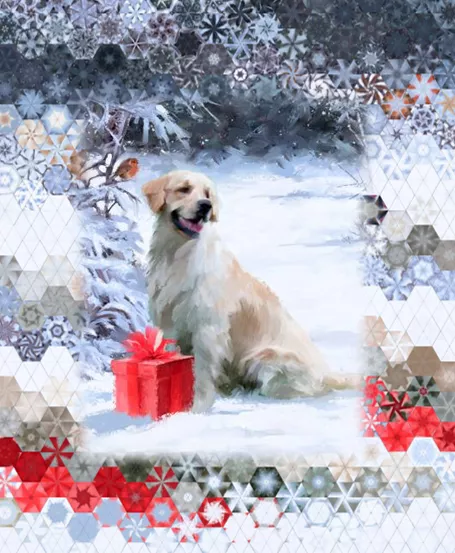 Stoffpaket: 7 Panels "Dog with Gift" von 4 Seasons by David Textiles