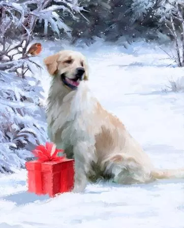 Stoffpaket: 7 Panels "Dog with Gift" von 4 Seasons by David Textiles