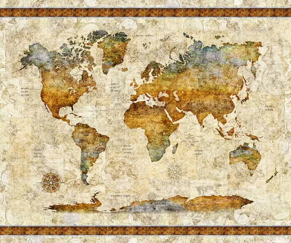 Paneel "Globetrotter - Worl Map - Tea-Dye" von Quilting Treasures, 36 inch breit