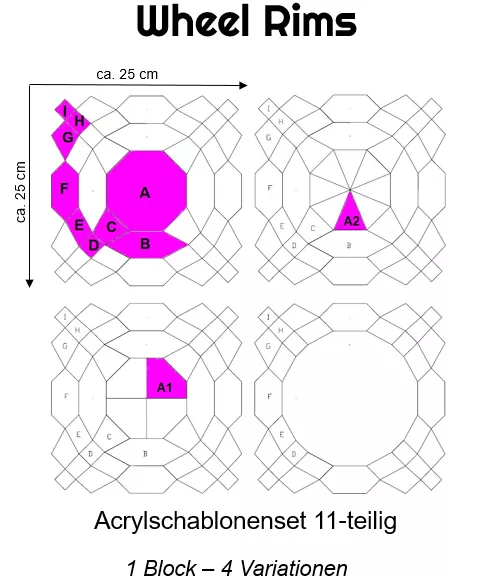 Acrylschablonenset "Wheel Rims" (11-teilig), 1 Block - 4 Variationen