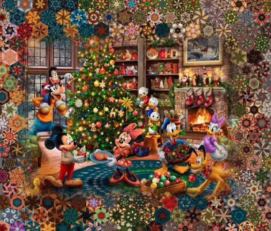 Stoffpaket: 7 Panels " Disney - Mickey & Minnie trimming the tree " von Timeless Treasures