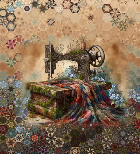 Stoffpaket: 7 Panels "Sewing Machine - Forget me nots" von Blank Quilting