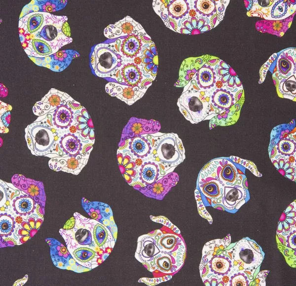 Timeless Treasures Black Fun, Dog Skulls - Dia de los Muertos