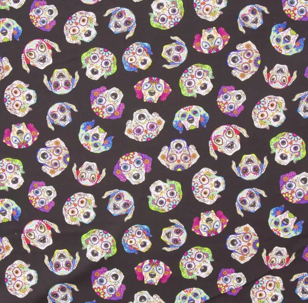 Timeless Treasures Black Fun, Dog Skulls - Dia de los Muertos