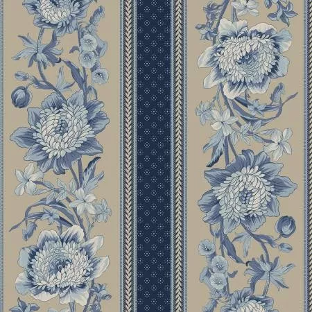 Marcus Fabrics - Blue Floral Stripe by Paula Barnes - R2201-Blue