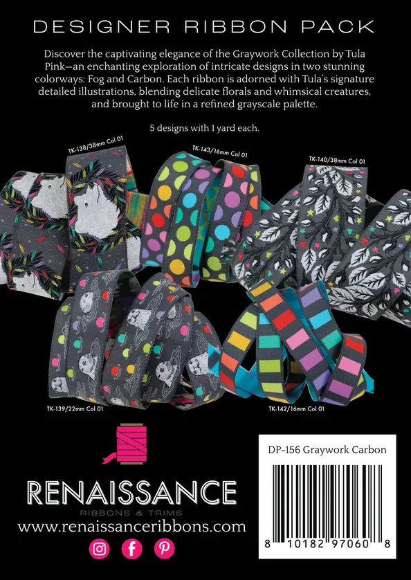 TULA PINK Graywork Designer Pack in Carbon - Webbänder / Ribbons