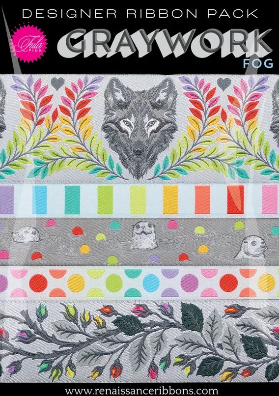 TULA PINK Graywork Designer Pack in Fog - Webbänder / Ribbons