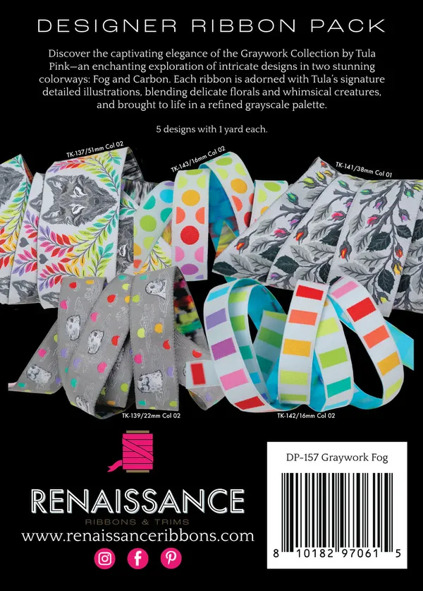 TULA PINK Graywork Designer Pack in Fog - Webbänder / Ribbons